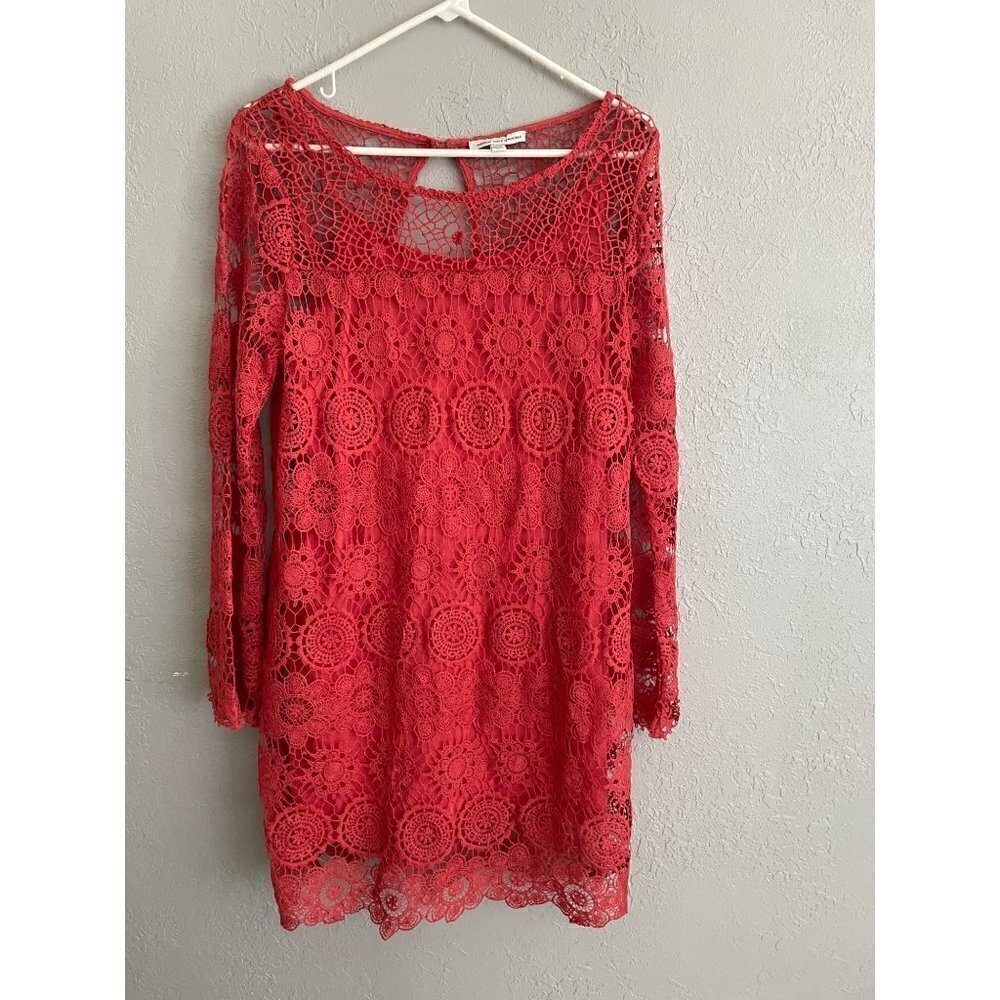 AMERICAN EAGLES OUTFITTER WOMENS BOHO CORAL Crochet LINNED SIZE LARGE LACE DRESS